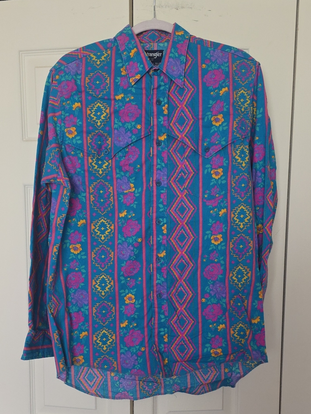Vintage Wrangler Teal, Purple & Yellow Patterned Western Shirt